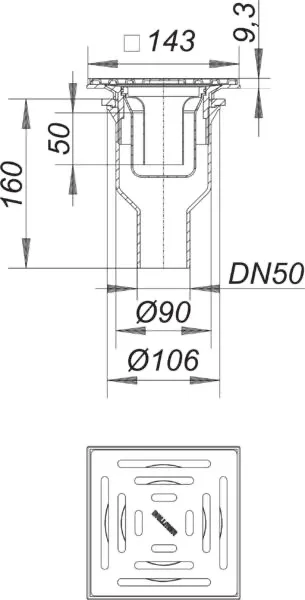 Duschablauf 49 KE, DN 50, 150 x 150 mm