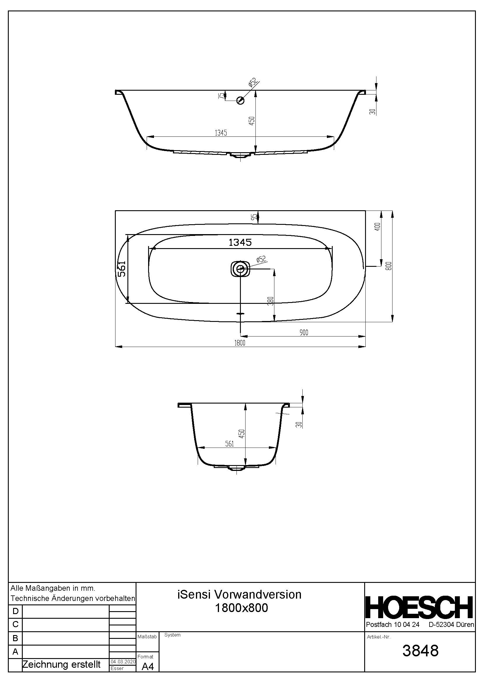Hoesch Badewanne „iSensi“ vorwand halbkreis 180 × 80 cm in 