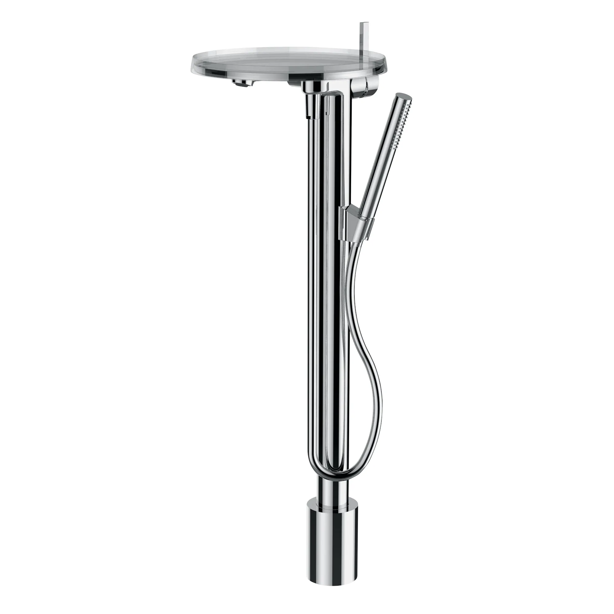 Einhebel-Standsäulen-Wannenmischer mit Deko-Disc (transparent) Kartell mit Zubehör Kunststoffschlauch 1250 mm und Handbrause chrom