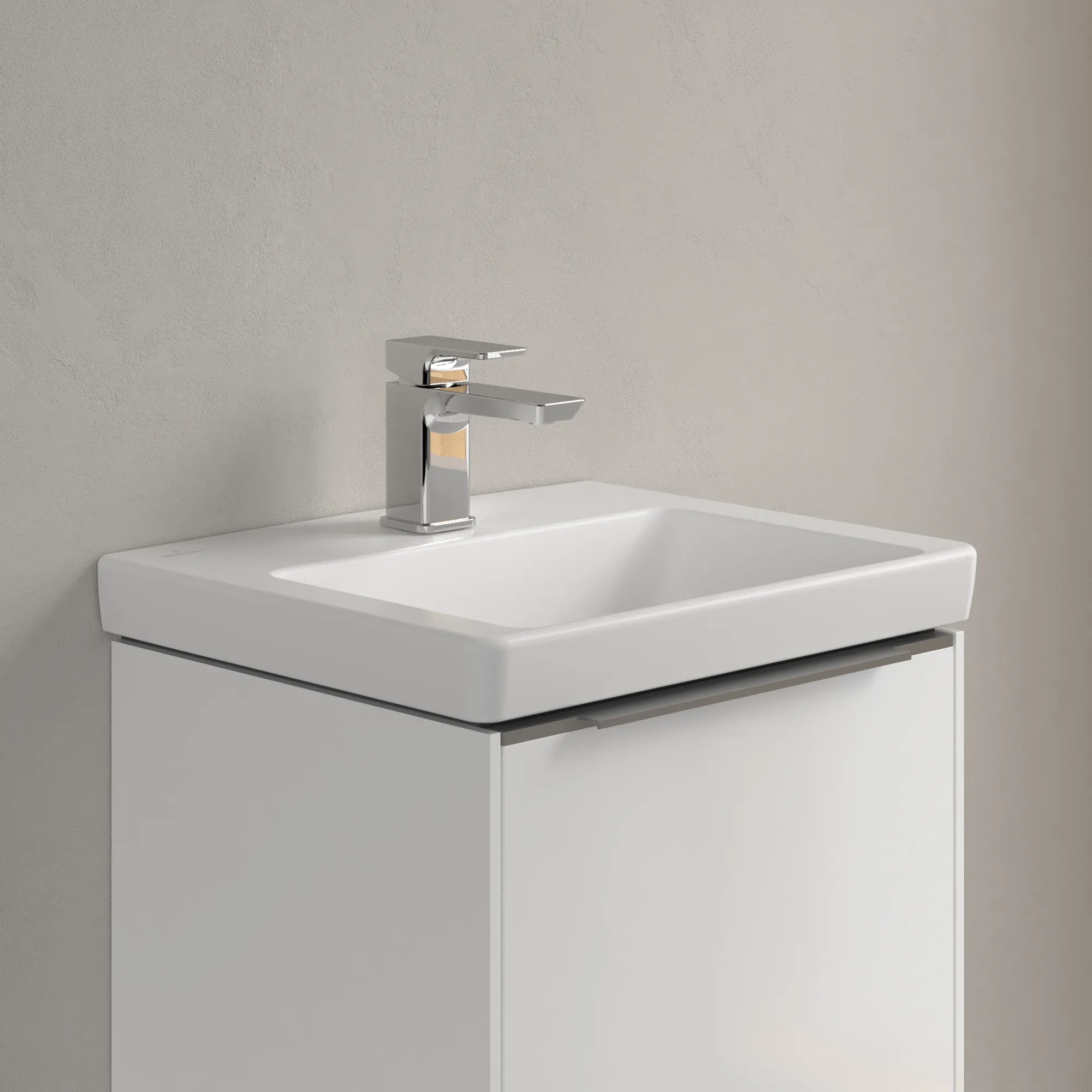 Villeroy & Boch Handwaschbecken für Montage mit Möbel „Subway 3.0“ 450 × 370 × 145 mm, mit Hahnlochbohrung, Hahnlochposition mittig in Stone White