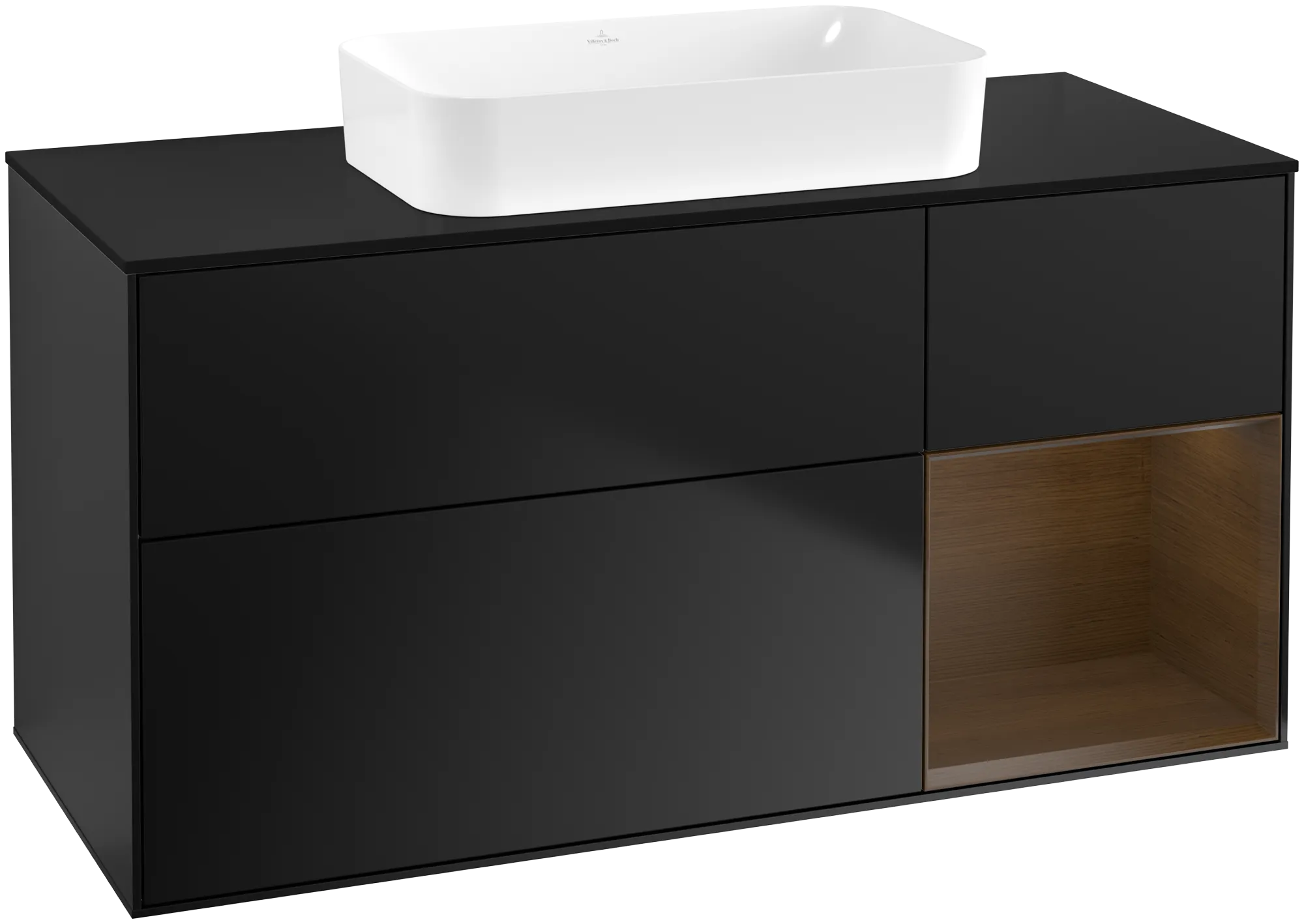 Villeroy & Boch Finion Waschbeckenunterschrank G71, 1200x603x501mm, Black Matt Lacquer / Walnut Veneer / Glass Black Matt