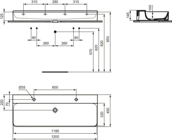 Waschbecken „Conca“ 120 × 45 × 14,5 cm, Hahnlochposition links und rechts in Weiß