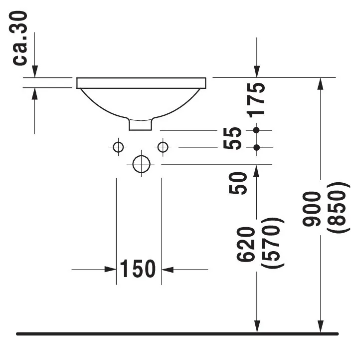 Einbauwaschtisch Architec 400 mm EB v.u.,m.ÜL,o.HLB,u.glasiert,weiß