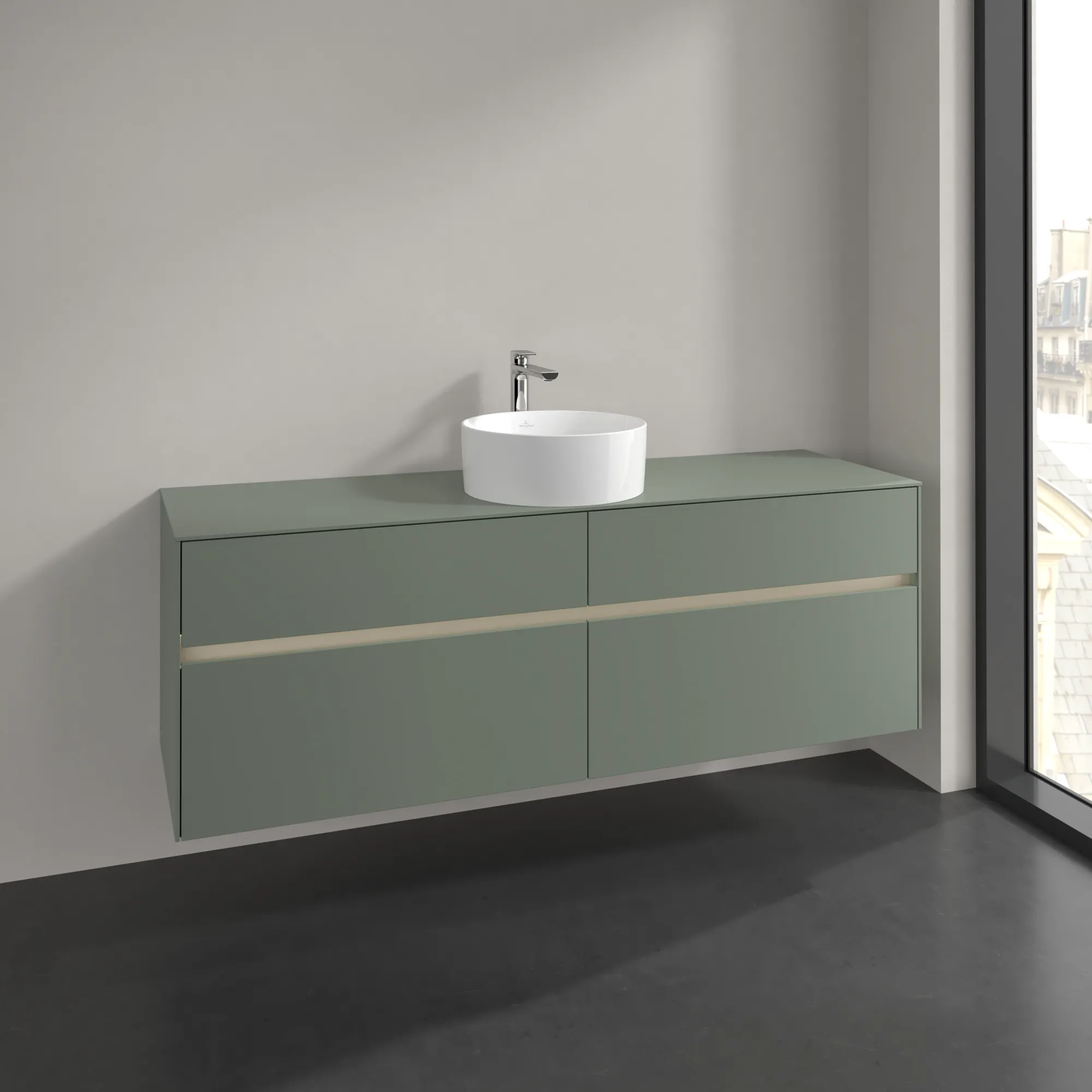 Villeroy & Boch Waschtischunterschrank „Collaro“ 1600 × 548 × 500 mm Soft Green, mit Beleuchtung, für Becken mittig Villeroy & Boch Waschtischunterschrank „Collaro“ 1600 × 548 × 500 mm Soft Green, mit Beleuchtung, für Becken mittig