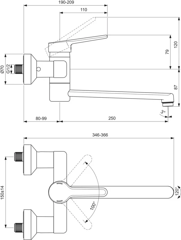 Wand-Waschtischarmatur Ceraplus 5l/min. Ausladung 250mm absp.S-Anschlüsse Chrom Wand-Waschtischarmatur Ceraplus 5l/min. Ausladung 250mm absp.S-Anschlüsse Chrom