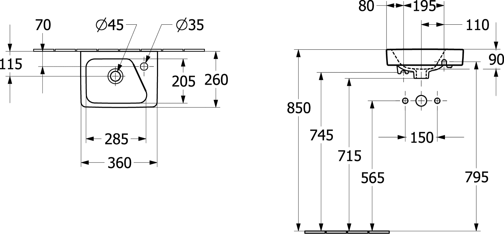Villeroy & Boch Architectura Handwaschbecken 772-1, 355x260mm, links