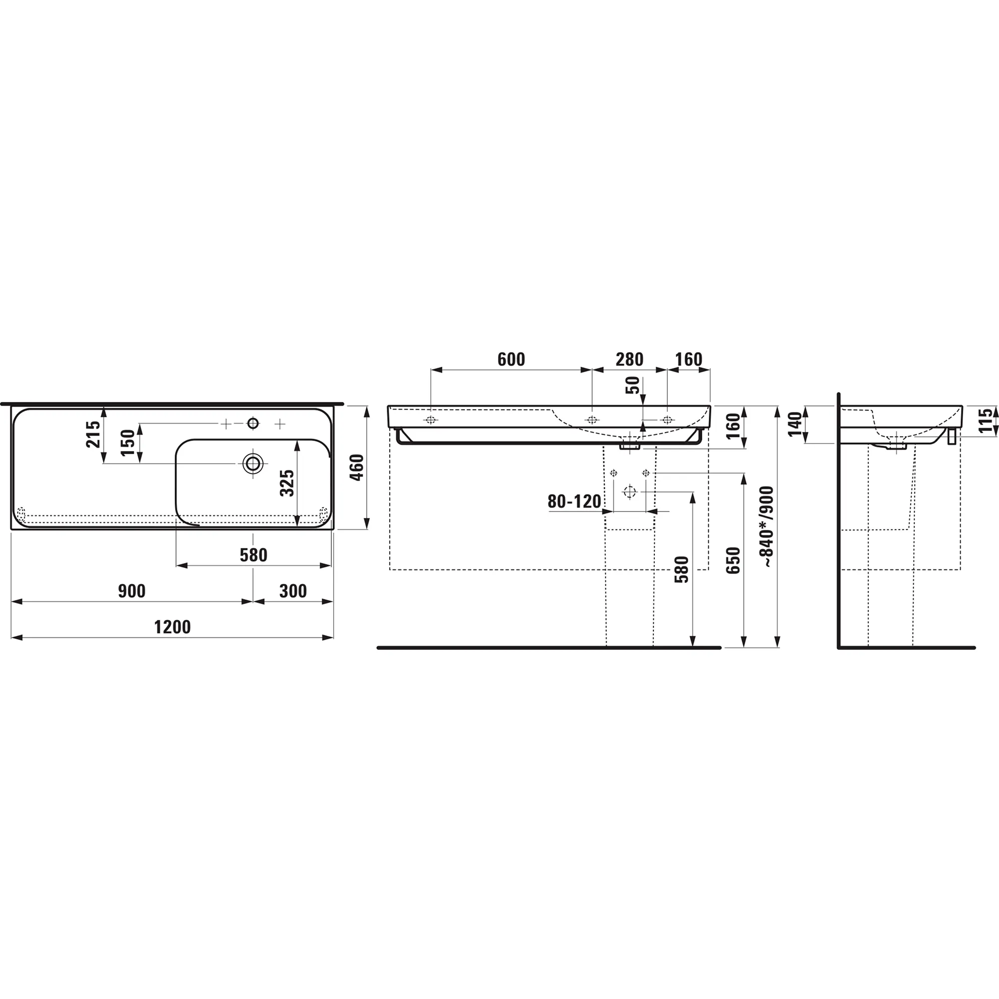 Waschtisch MEDA 460x1200x160 Ablage links 1 Hahnloch mit Überlauf Weiß