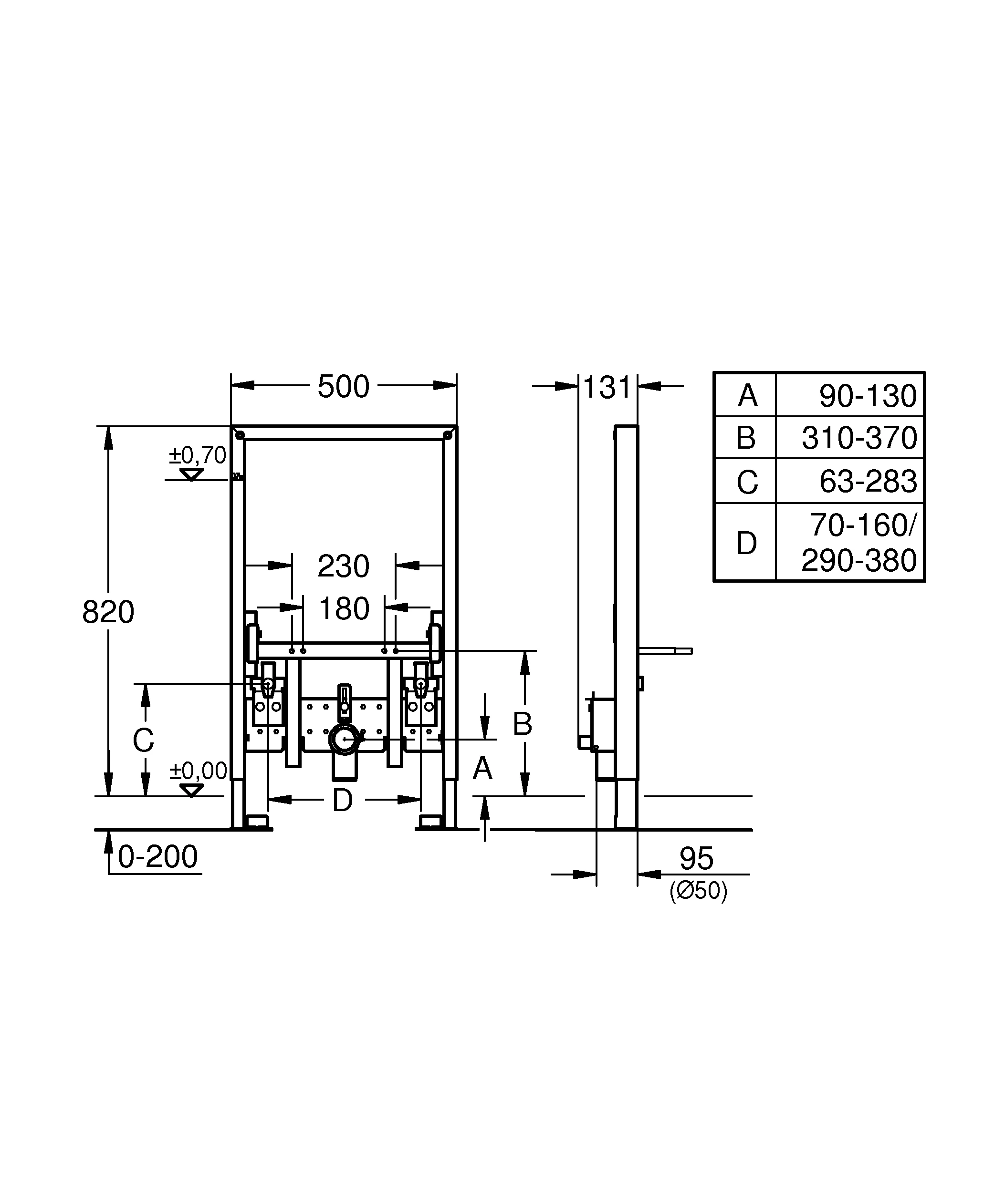 Bidet-Element Rapid SL 38543, 0,82 m Bauhöhe, für Vorwand- oder Ständerwandmontage, 2 schallgedämmte Armaturenanschlüsse DN 15, HT-Ablaufbogen DN 50