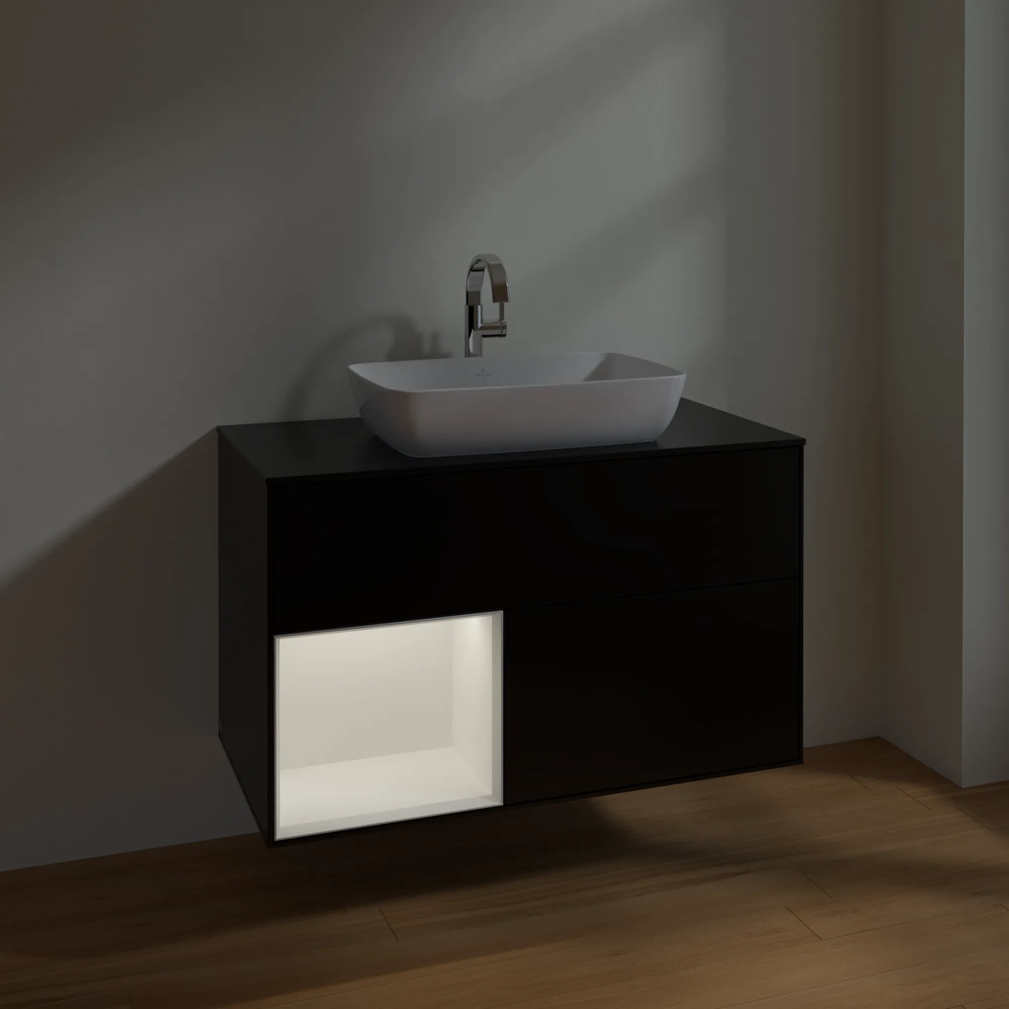 Villeroy & Boch Waschbeckenunterschrank Finion F77, 1000x603x501 mm, Black Matt Lacquer, mit Beleuchtung und SoftClosing Villeroy & Boch Waschbeckenunterschrank Finion F77, 1000x603x501 mm, Black Matt Lacquer, mit Beleuchtung und SoftClosing