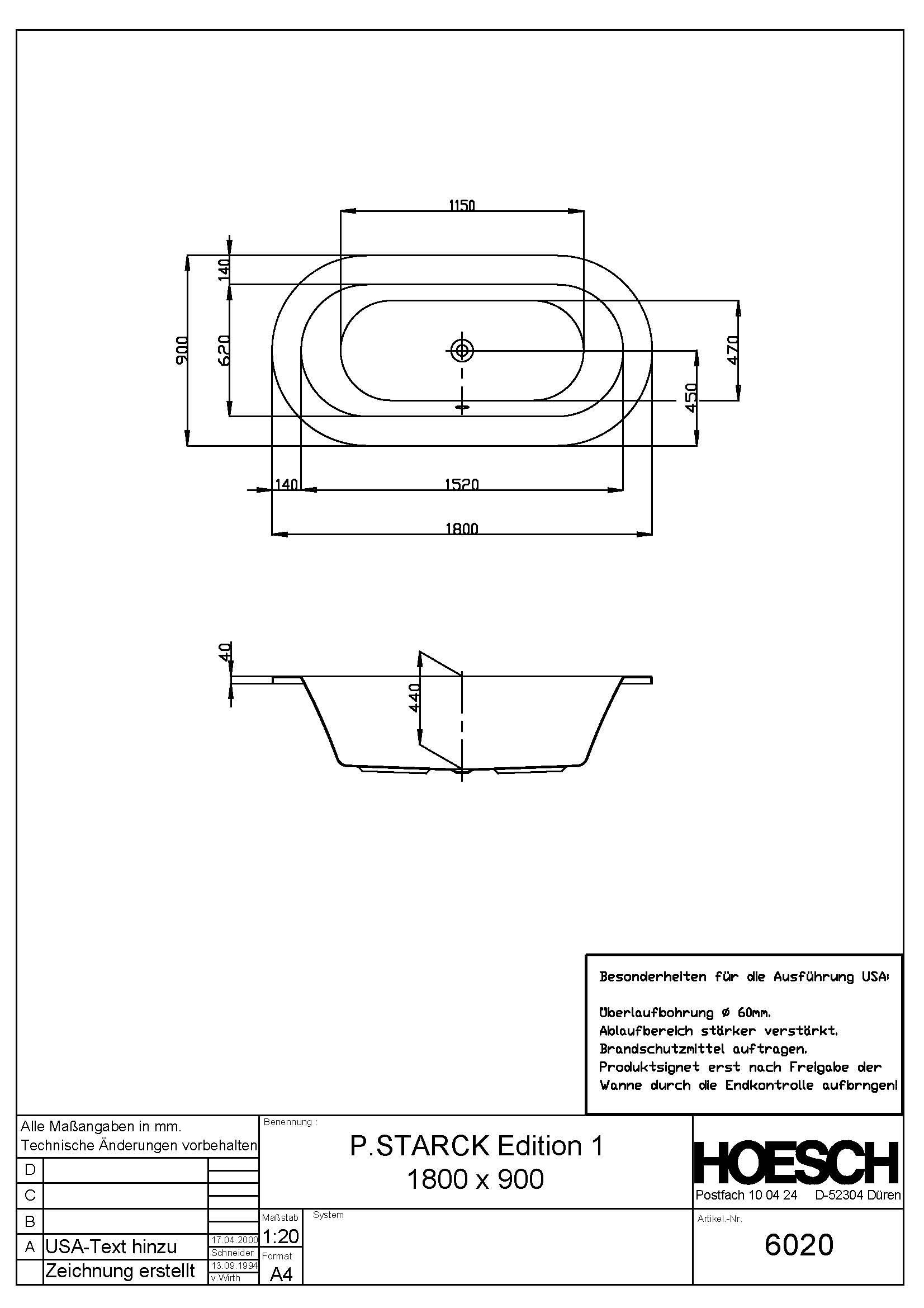 Hoesch Badewanne „Starck 1“ oval 180 × 90 cm in 
