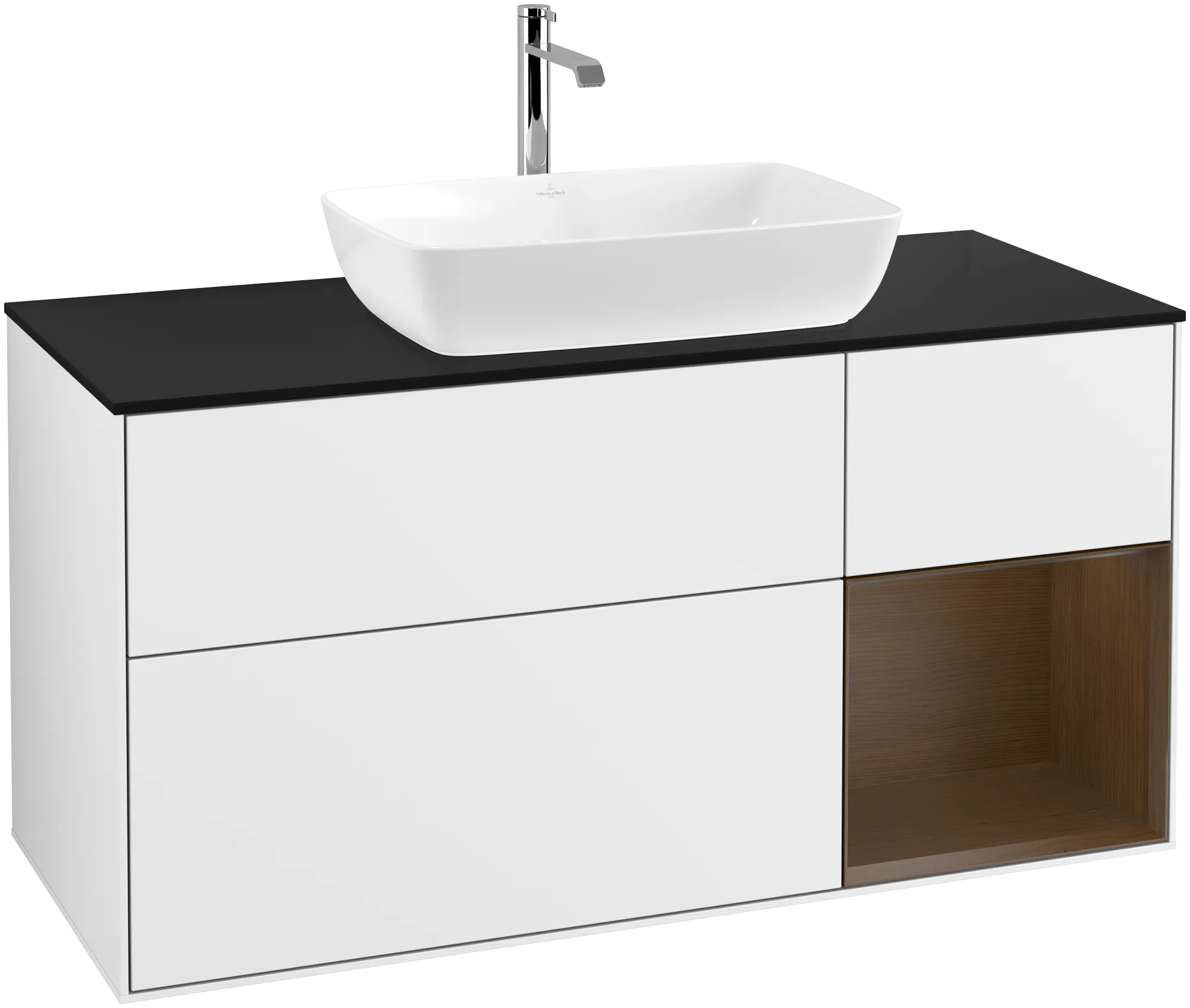 Villeroy & Boch Finion Waschbeckenunterschrank G83 1200x603x501mm Glossy White Lacquer/Walnut Veneer/Glass Black Matt