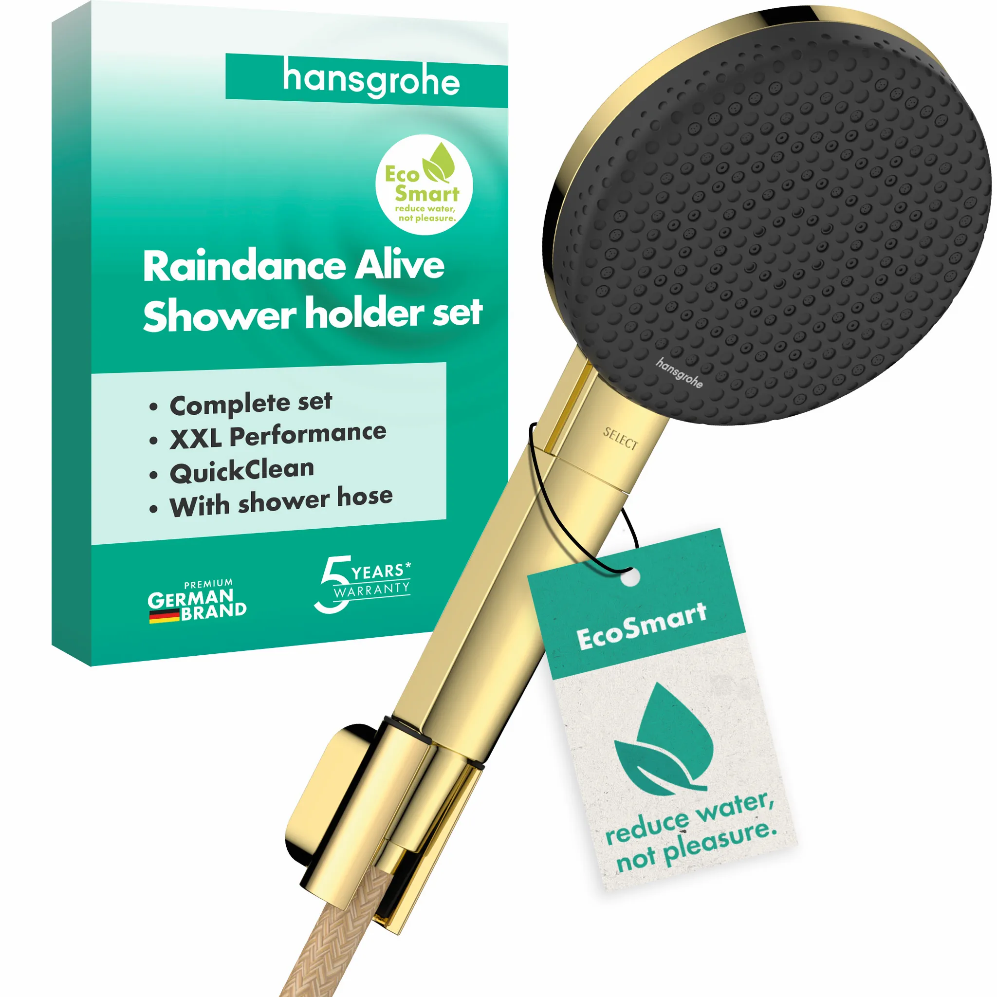 Hansgrohe Raindance Alive Select S Brausehalterset 125 mm, 3 Strahlarten, EcoSmart, Designflex Textilbrauseschlauch 160 cm, Polished Gold Optic