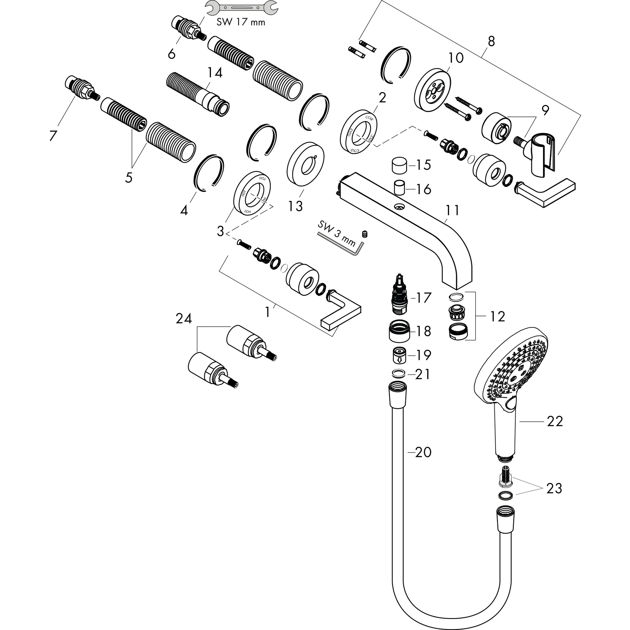 Hansgrohe AXOR Citterio 3-Loch Wannenarmatur Unterputz Brushed Gold Optik, Ausladung 222 mm, Normalstrahl, max. Durchfluss 22,5 l/min