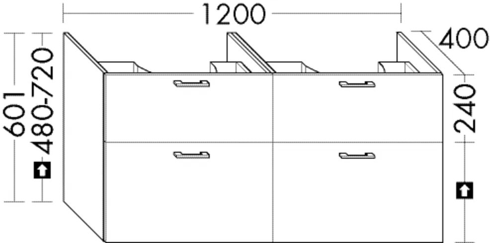 Waschtischunterschrank Sys30 von burgbad – 1.200 mm breit, 400 mm tief, 601 mm hoch, für Mineralguss-Waschtisch M7 tiefenreduziert mit 2 Schubladen und 2 Auszügen