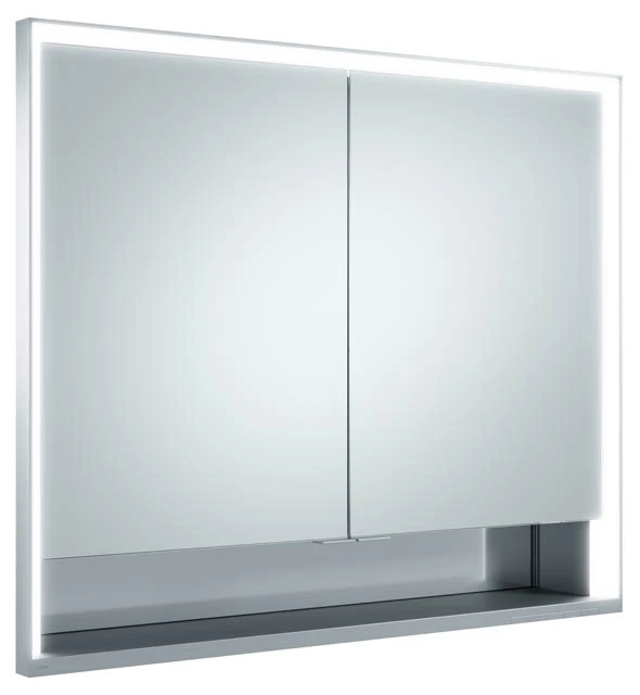 KEUCO Wandeinbau Spiegelschrank mit offenem Ablagefach „Royal Lumos“ in Silber (eloxiert), Unterputz, mit Steckdosen, mit Spiegelheizung 900 × 735 × 165 mm