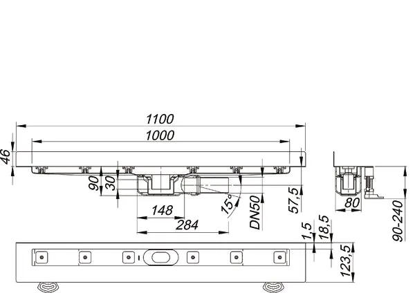 Dallmer Duschrinne CeraLine PLAN W 1000 mm, Edelstahl 1.4301, DN 50, Wandmontage, Selbstreinigungseffekt