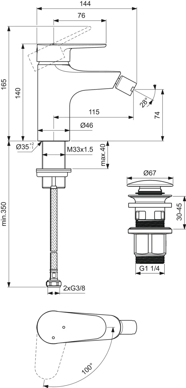 Ideal Standard Bidetarmatur Alu+ Ausladung 115mm BlueStart mit Ablaufgarnitur Silver
