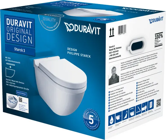 Duravit Wand-Tiefspül-WC inkl. WC-Sitz „Starck 3“ 37 × 54 × 42,5 cm, Befestigung sichtbar