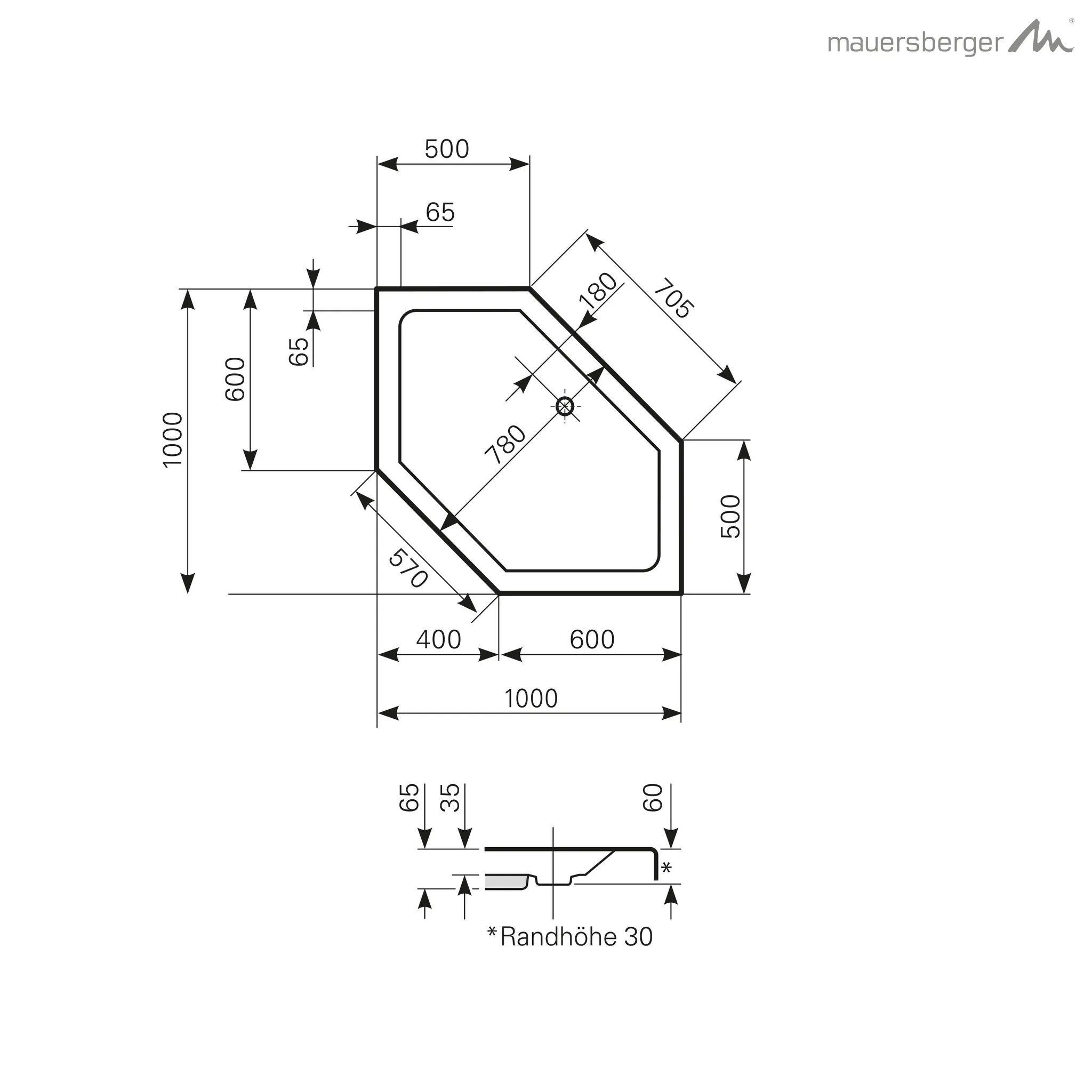 Mauersberger Acryl-Duschwanne cissus 100 SF 1000x1000(500)x65, Farbgruppe 3