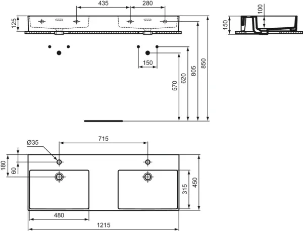 Waschbecken „Extra“ 120 × 45 × 15 cm, Hahnlochposition mittig in Weiß Waschbecken „Extra“ 120 × 45 × 15 cm, Hahnlochposition mittig in Weiß