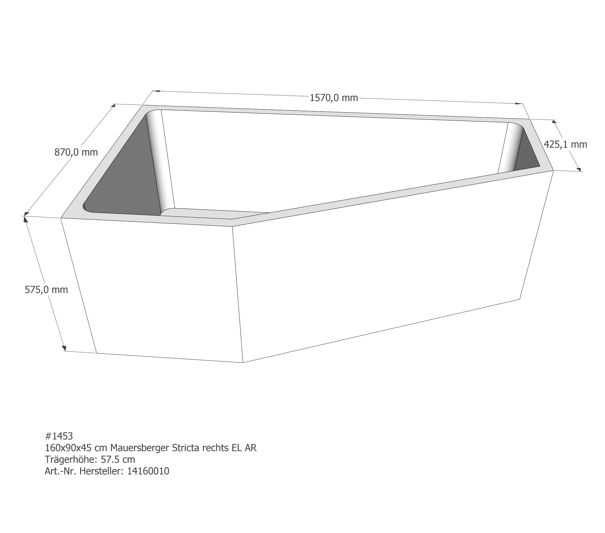 Badewannenträger passend für Mauersberger Stricta rechts 160 × 90 × 45 cm
