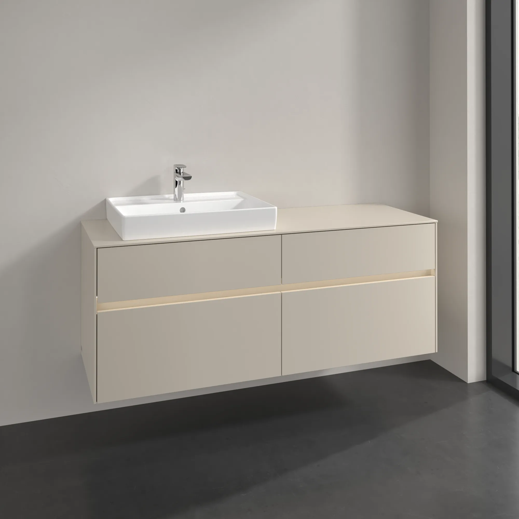 Villeroy & Boch Waschtischunterschrank „Collaro“ 1400 × 548 × 500 mm Cashmere Grey, mit Beleuchtung, für Becken links