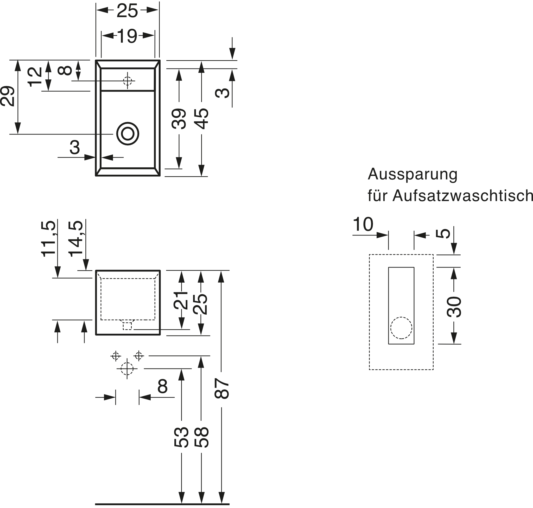 Wandwaschtisch „Cut“ 250 × 450 × 250 mm, mittig, Hahnlochposition mittig, ohne Hahnlochbohrung in Weiß Wandwaschtisch „Cut“ 250 × 450 × 250 mm, mittig, Hahnlochposition mittig, ohne Hahnlochbohrung in Weiß