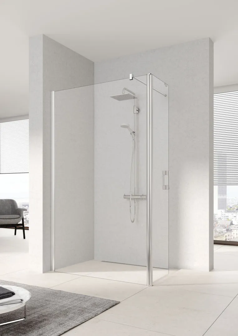Kermi Duschdesign Walk-In-Duschkabine WALK-IN Wall mit beweglichem Flügel links „PEGA“ Glas Klar, Profile Silber Hochglanz, BV: 775 - 800 mm GAK: 760 - 785 mm WE: 785 - 810 mm H: 1850 mm