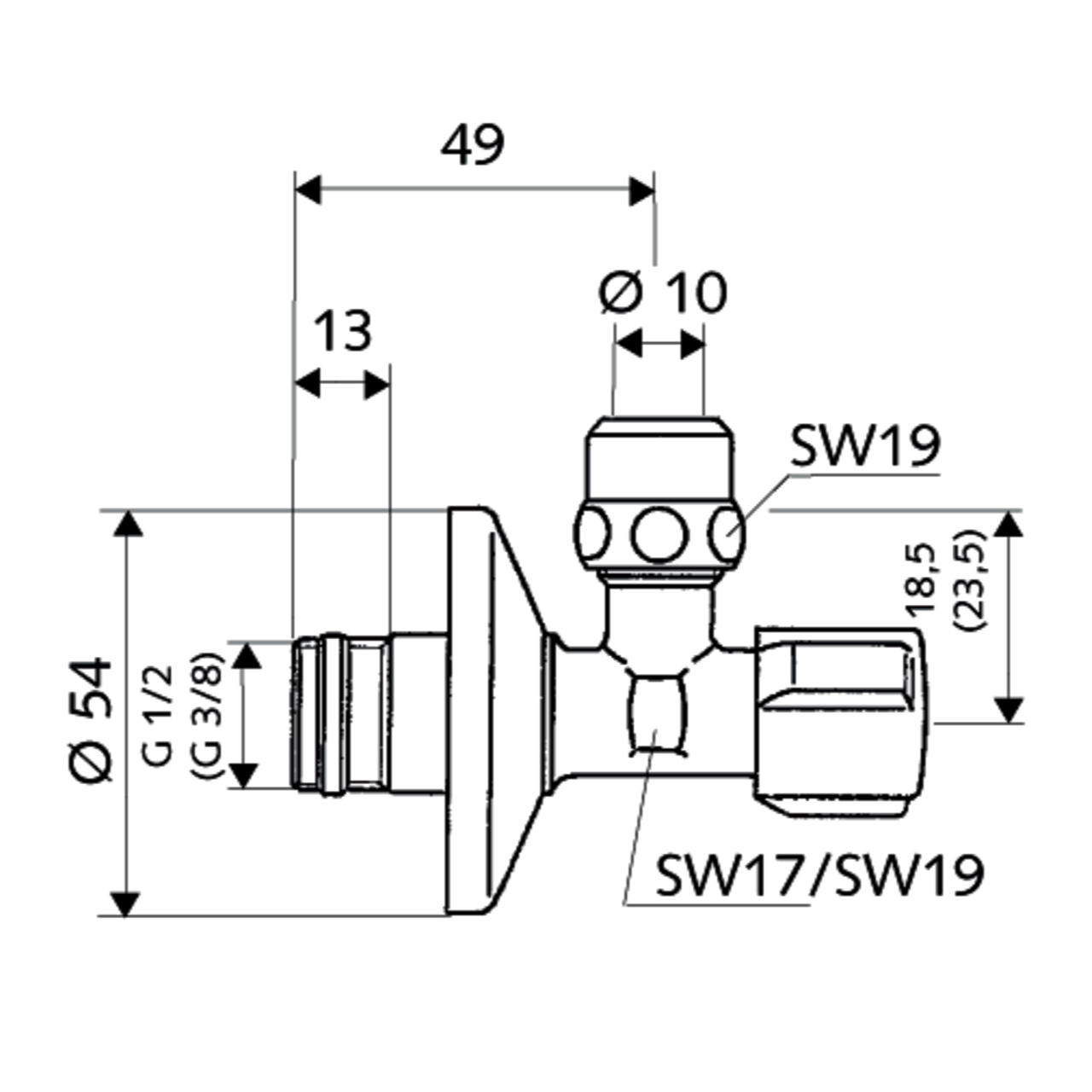 Eckventil 1/2" mit Schubrosette verchromt mit Längenausgleich Schell