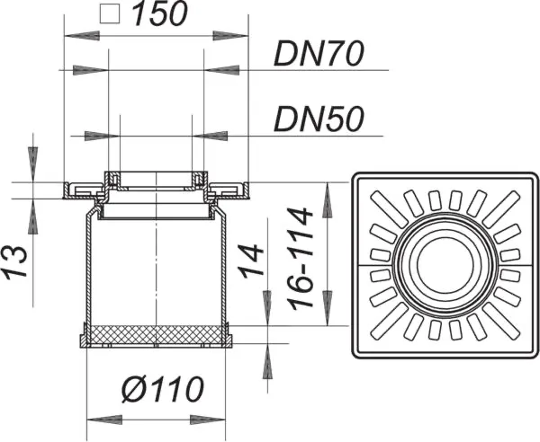 Aufsatz KR 10, Rost mit Fallrohreinsatz, 150 x 150 mm Aufsatz KR 10, Rost mit Fallrohreinsatz, 150 x 150 mm