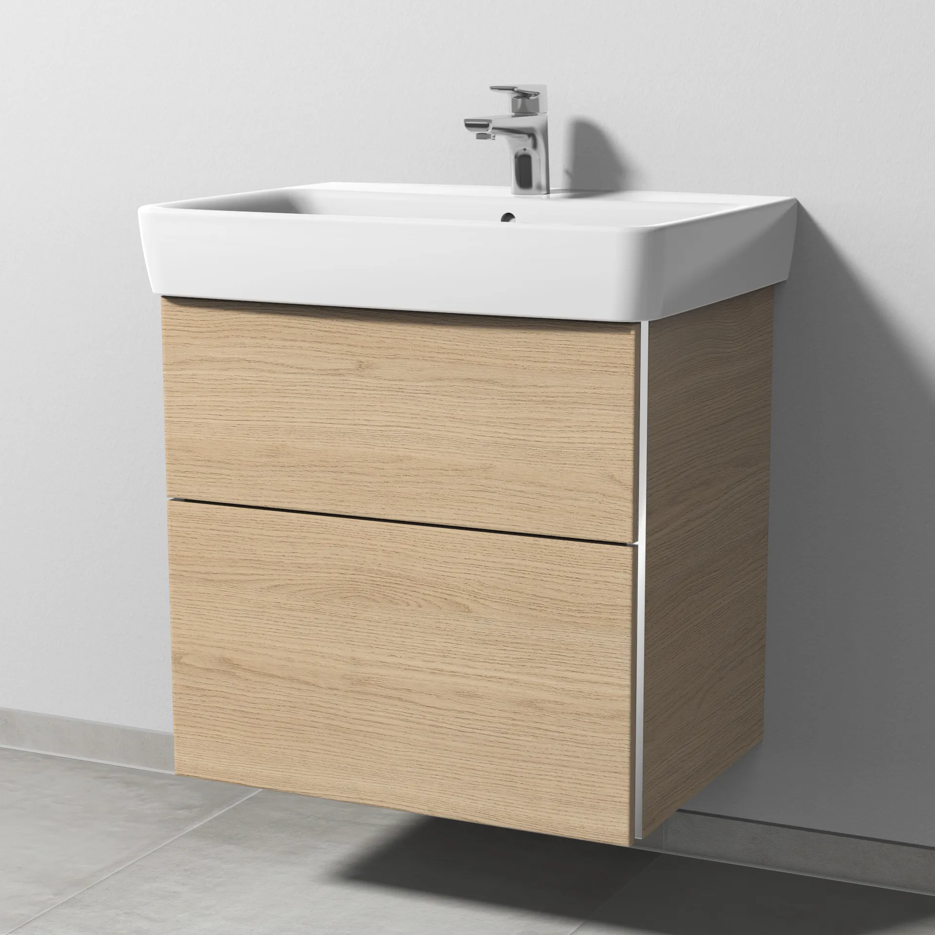 Sanipa Waschtischunterschrank „3way“ passend zu Keramik-Waschtische Renova Plan von Geberit 590 × 588 × 407 mm in Eiche Nordic, Becken mittig