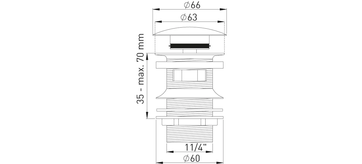 Ablaufventil 1 1/4″ x D= 63 mm MS vc mit Überlaufschlitzen