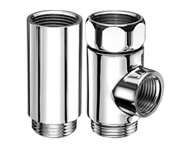 T- und Distanzstück, Überwurfmutter DN 20 G 3/4 IG, DN 20 G 3/4 IG, 2x DN 20 G 3/4 AG (unten), DN 20 G 3/4 AG, DN 20 G 1/2 IG (rechts), chrom