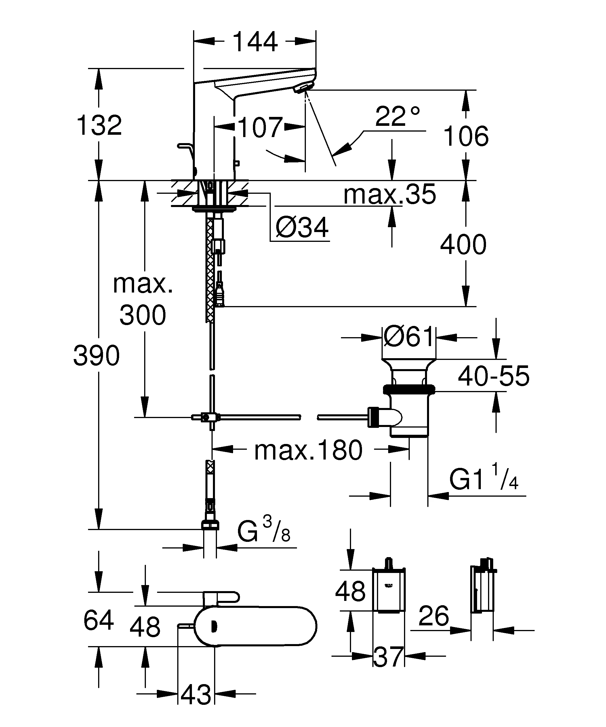 Infrarot-Elektronik für Waschtisch Eurosmart CE 36331_1, mit Mischung, Rückflussverhinderer, 6 V Lithium-Batterie, Typ CR-P2, Zugstangen-Ablaufgarnitur 1 1/4″, chrom