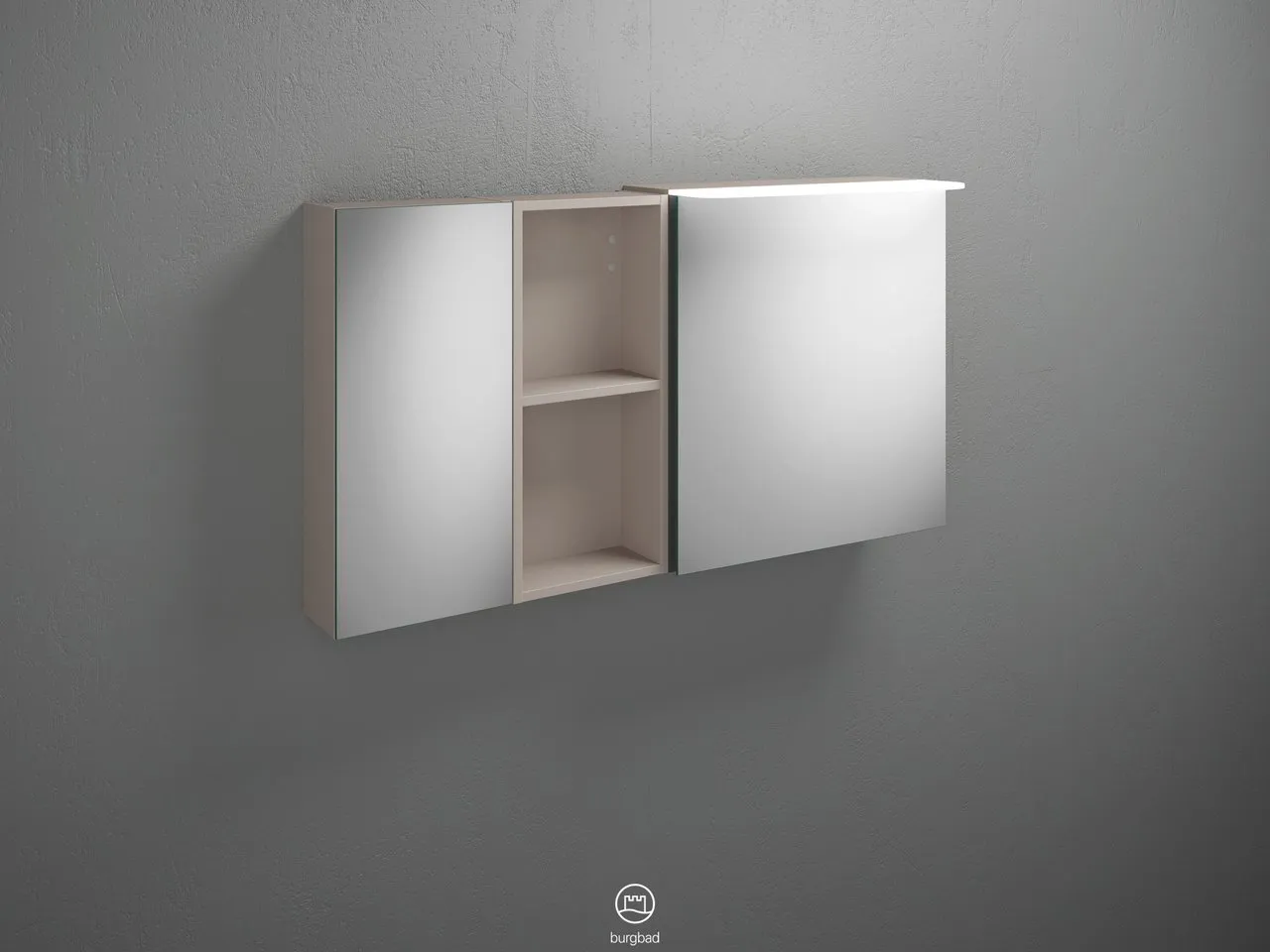 Burgbad Spiegelschrank Badu SFTX120, 310x1200x665 mm, 2 beidseitig verspiegelte Türen, LED-Aufsatzleuchte 4200 K, Schalter-Steckdosenelement