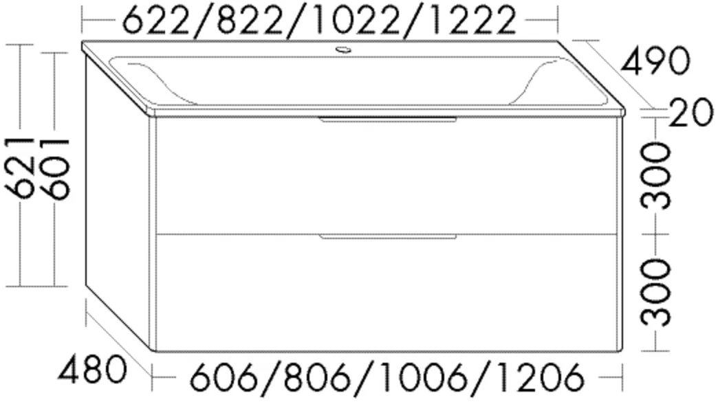 Mineralguss-Waschtisch inkl. Waschtischunterschrank Oteo von burgbad – 490 x 622 x 621 mm, Muldentiefe 114 mm, 1 Schublade oben, 350 mm tief