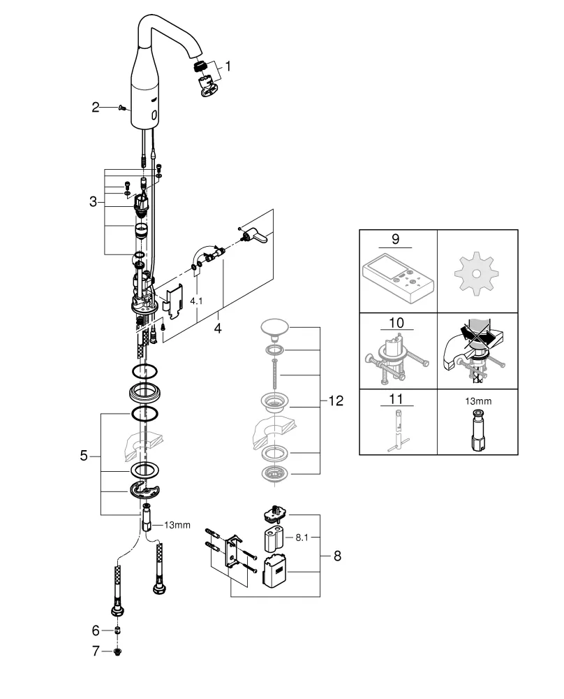 Infrarot-Elektronik für Waschtisch Essence E 36445, DN 15 mit Mischung und variabel einstellbarem Temperaturbegrenzer, 6 V Lithium-Batterie, Typ CR-P2, Laminarstrahlregler 5,7 l/min, chrom