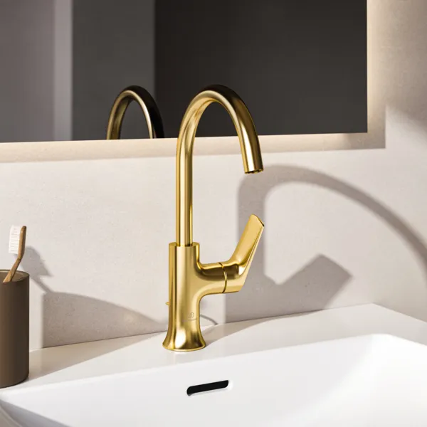 Waschtischarmatur hoher Auslauf La Dolce Vita mit Ablaufgarnitur Brushed Gold Waschtischarmatur hoher Auslauf La Dolce Vita mit Ablaufgarnitur Brushed Gold