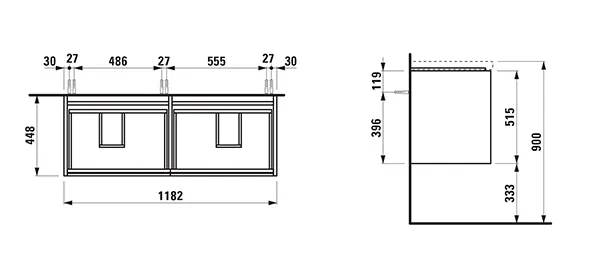 Waschtischunterbau LANI 442x1182x515 mit 4 Schubladen integrierter Griffleiste Vollauszug und Soft-Close für Waschtisch LUA H814081 weiß matt