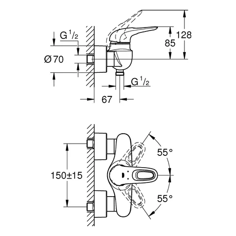 Einhand-Brausebatterie Eurostyle 33590_3, Wandmontage, offener Metall-Hebelgriff, chrom Einhand-Brausebatterie Eurostyle 33590_3, Wandmontage, offener Metall-Hebelgriff, chrom