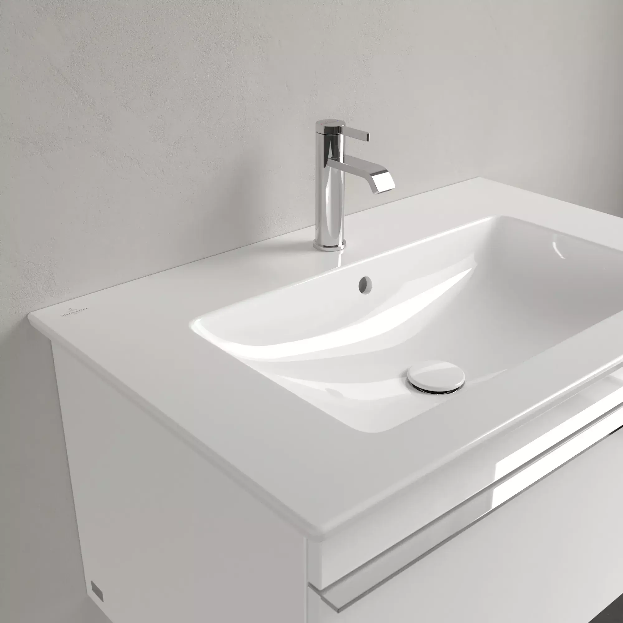 Möbelset aus Venticello Waschtisch, Unterschrank in Glossy White und Spiegel mit Beleuchtung Möbelset aus Venticello Waschtisch, Unterschrank in Glossy White und Spiegel mit Beleuchtung