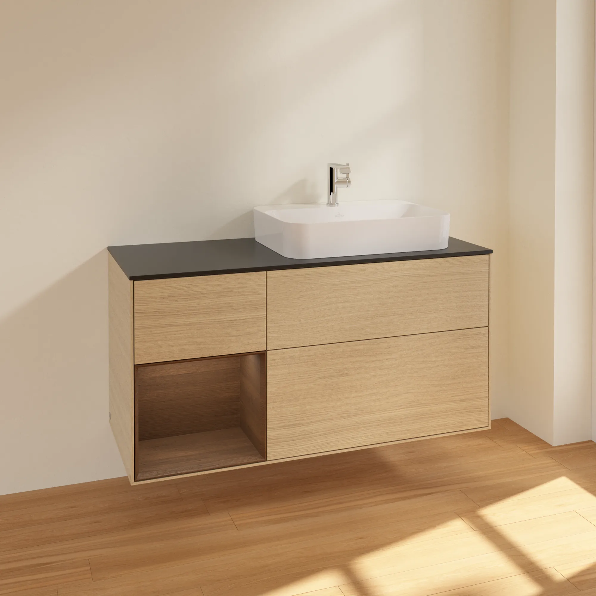 Villeroy & Boch Waschtischunterschrank „Finion“ für Schrankwaschtisch 120 × 60,3 × 50,1 cm 3 Schubladen, für Waschtischposition rechts, inkl. Beleuchtung rechts