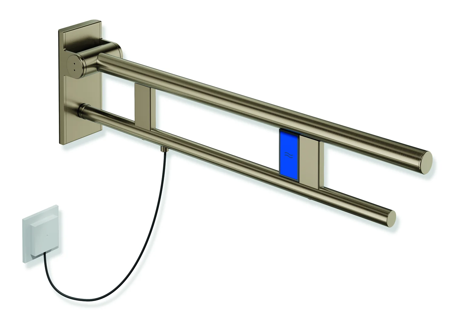 HEWI Stützklappgriff Duo System 900, Design A, Edelstahl PVD bronze gebürstet, Ausladung 750 mm, Spülauslösung links