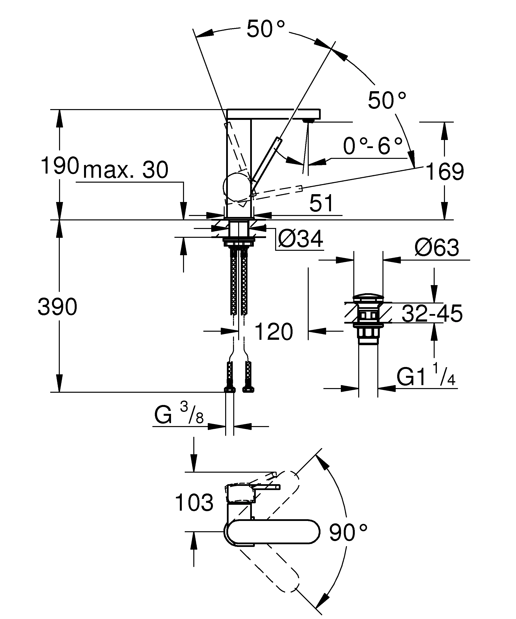 Einhand-Waschtischbatterie Plus 23872_3, M-Size, Einlochmontage, glatter Körper, Push-open Ablaufgarnitur 1 1/4″, chrom