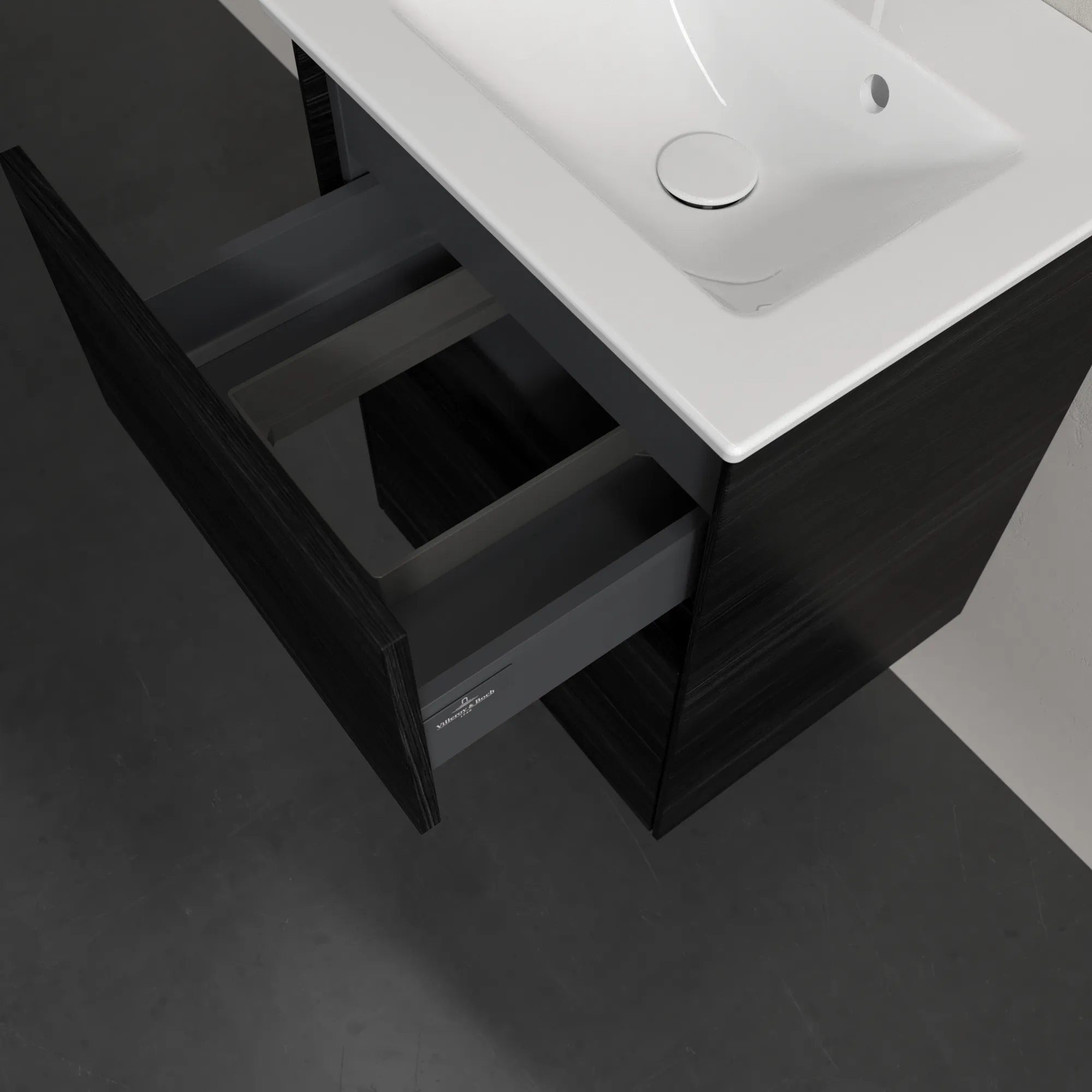 Villeroy & Boch Waschtischunterschrank „Collaro“ 472 × 610 × 404 mm Black Oak, ohne Beleuchtung, für Becken mittig Villeroy & Boch Waschtischunterschrank „Collaro“ 472 × 610 × 404 mm Black Oak, ohne Beleuchtung, für Becken mittig