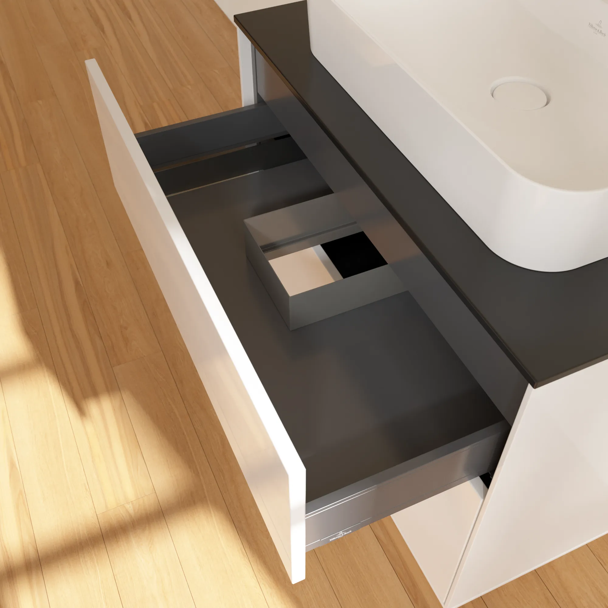 Villeroy & Boch Finion Waschbeckenunterschrank F34 800x603x501mm Glossy White Lacquer / Glass Black Matt