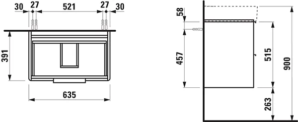 Waschtischunterbau BASE für VAL 391x635x515 2 Schubladen mit Griff aluminium eloxiert für Waschtisch H810284 weiß matt