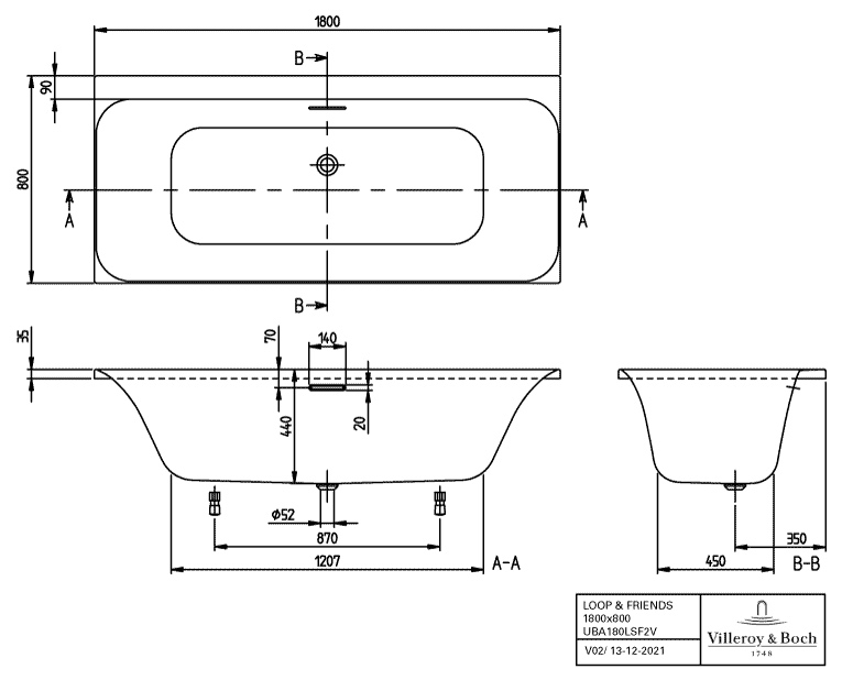 Villeroy & Boch Badewanne mit eckiger Innenform „Loop & Friends“ rechteck 180 × 80 cm, rechteckig, Mittelablauf in Stone White