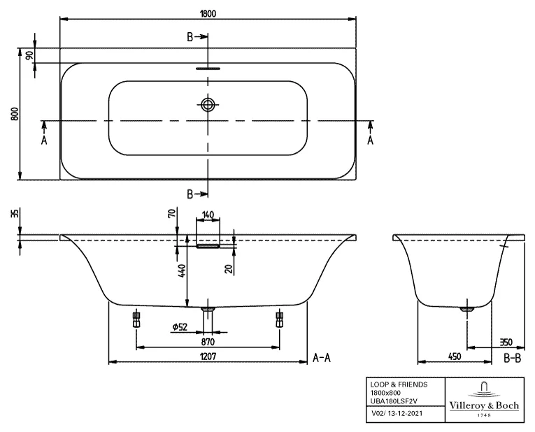 Villeroy & Boch Badewanne mit eckiger Innenform „Loop & Friends“ rechteck 180 × 80 cm, Mittelablauf in Weiß Alpin