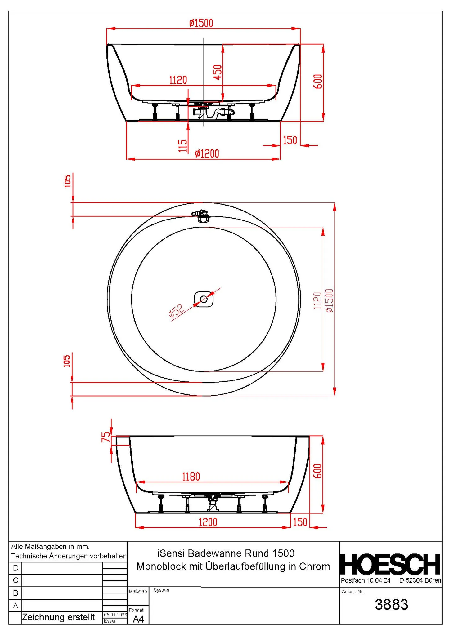 Hoesch iSensi Rund 1500 (Monolith) Badewanne mit Überlaufbefüllung Chrom Hoesch iSensi Rund 1500 (Monolith) Badewanne mit Überlaufbefüllung Chrom